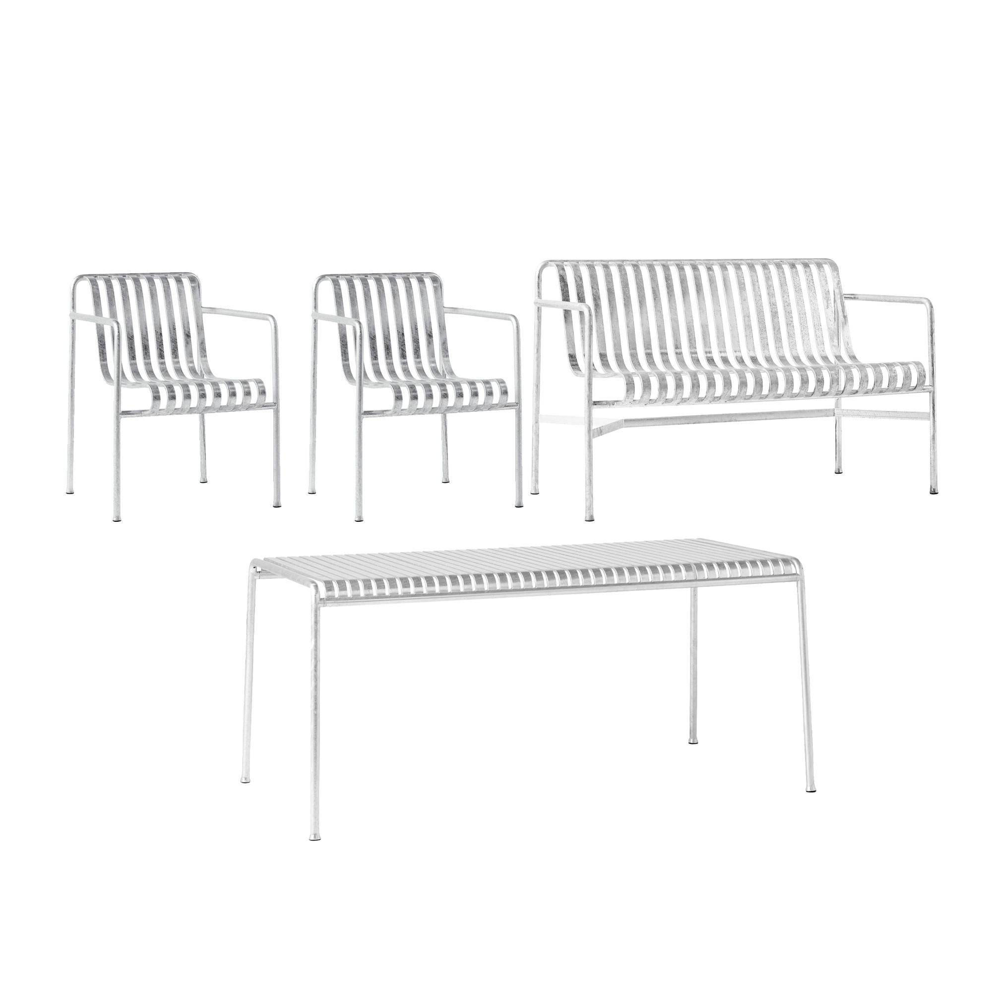 HAY - Palissade spisestuesæt med bord, havebænk og 2 lænestole hot galvanised - Havemøbelsæt til spisning - Ronan & Erwan Bouroullec