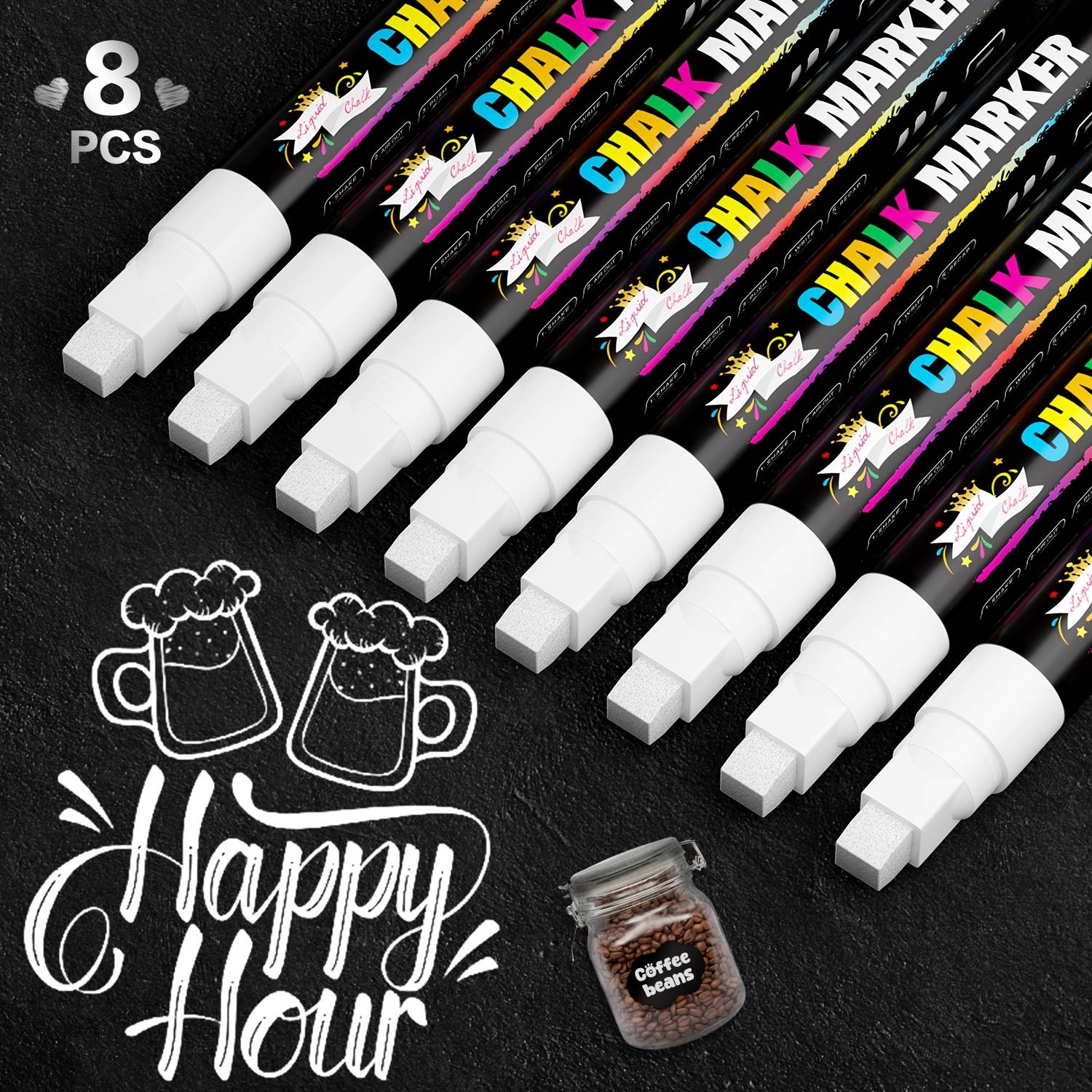 8 White 6mm Thick Large Chalk Markers, Erasable Liquid Chalk, Bright Colors, Layered, Suitable For Blackboards, Windows, Glass, Mirrors, Cars, Posters, Pubs, Diy Cars
