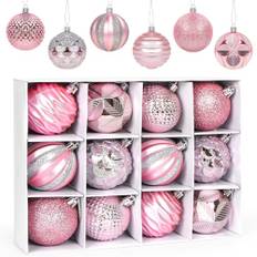 60 mm/2,36 tum julbollar rosa, 12 st julgranskulor, okrossbara julgransbollar prydnader, julgran hängande hänge för jul högtid bröllopsfest dekoration