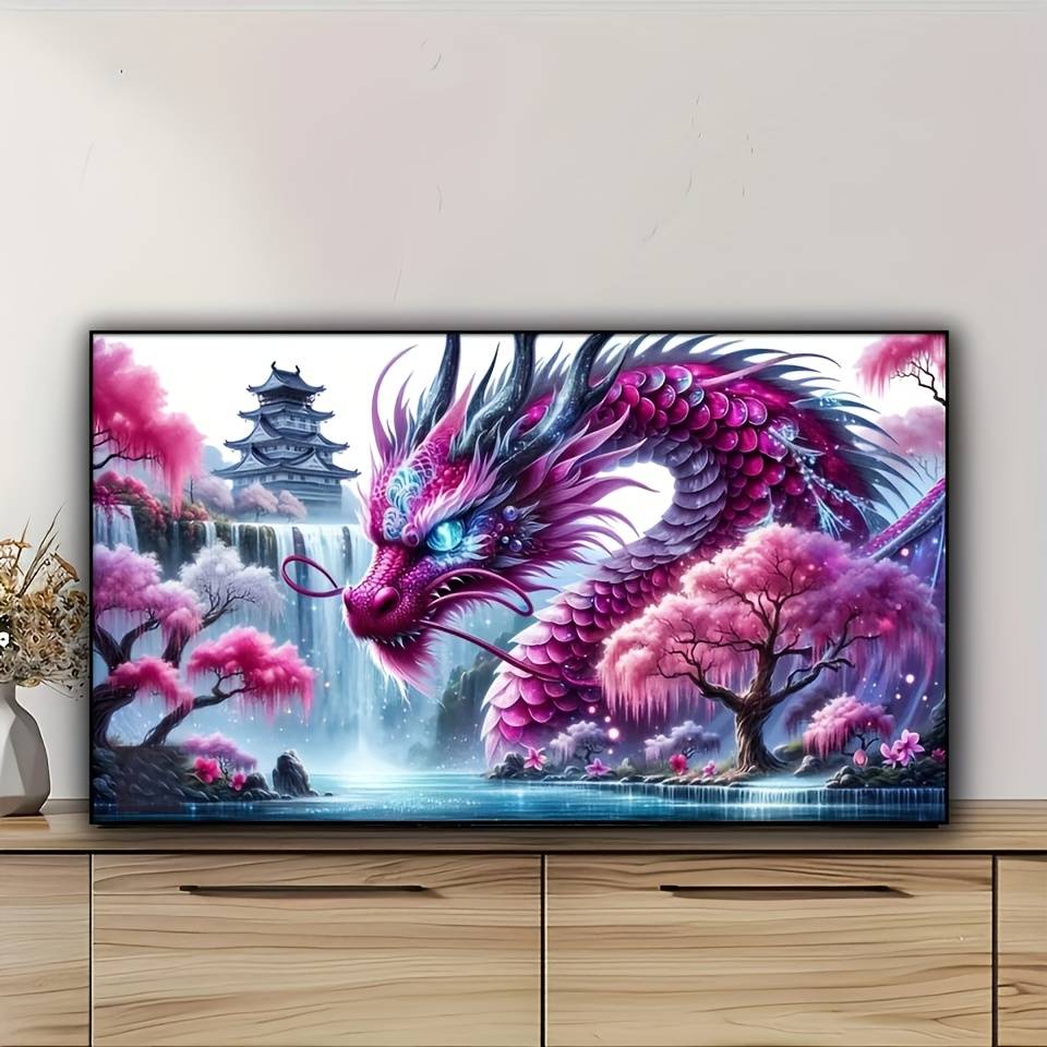 A Colorful Dragon Waterfall Scene With Flowers, A Single Diamond Painting Featuring Animals And Birds For Home Decoration. This Kit Includes A Diamond Mosaic Measuring 70x40cm (28x16 Inches)