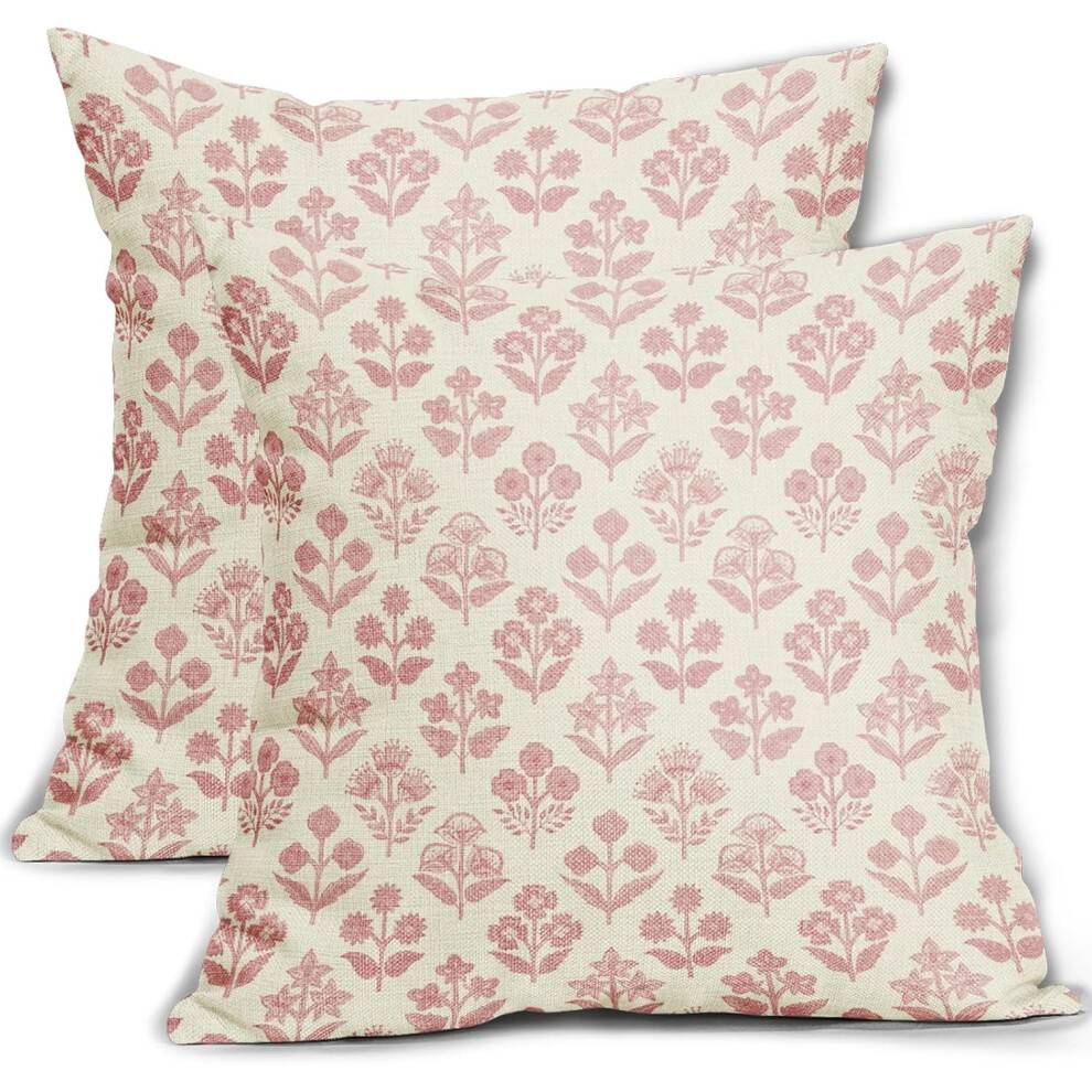 Blågrønne pudebetræk med bloktryk, 40x40 cm, sæt med 2, vintage blomsterprintede boho pudebetræk til landlig sofa, seng og sofaindretning