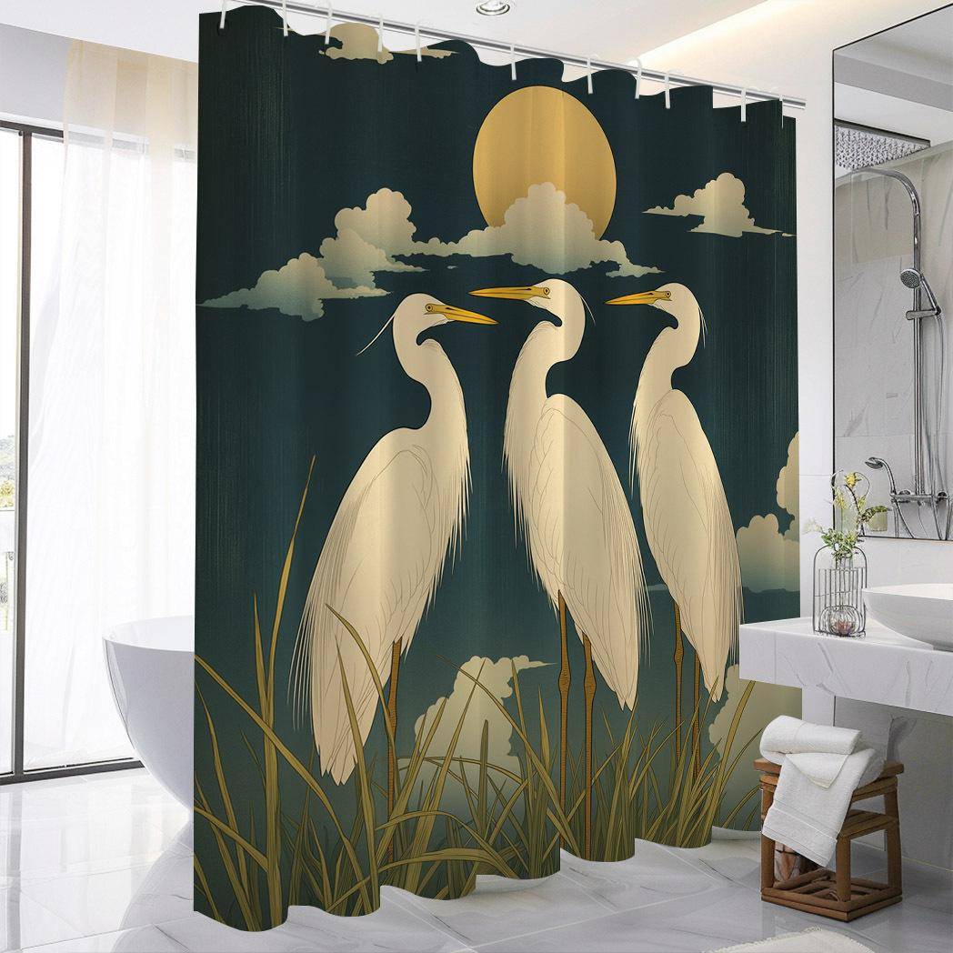 Japanese Style Crane, Moon & Cloud Shower Curtain - Digital Print, Polyester, Bathroom Decor
