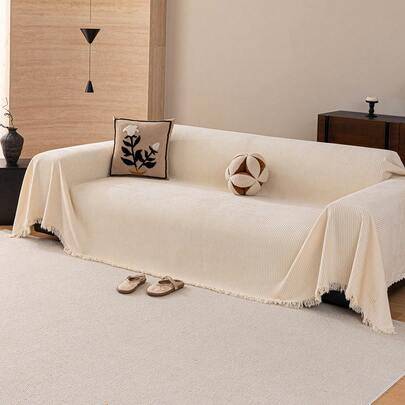 1 st sofföverdrag i chenille, randigt och enfärgat, klassisk minimalistisk stil, reptåligt, slitstarkt och husdjursvänligt, soffskydd för alla säsonge - Beige (180cm*230cm,180cm*260cm,130cm*180cm,180cm*340cm,180cm*180cm)