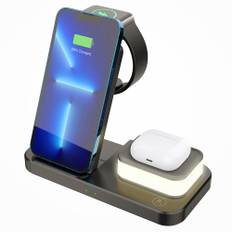 C500 Foldable 3-in1 Wireless Charger with 3-Level Adjustable Night Light, 9V 2A USB QC3.0 Charging for Apple - Black