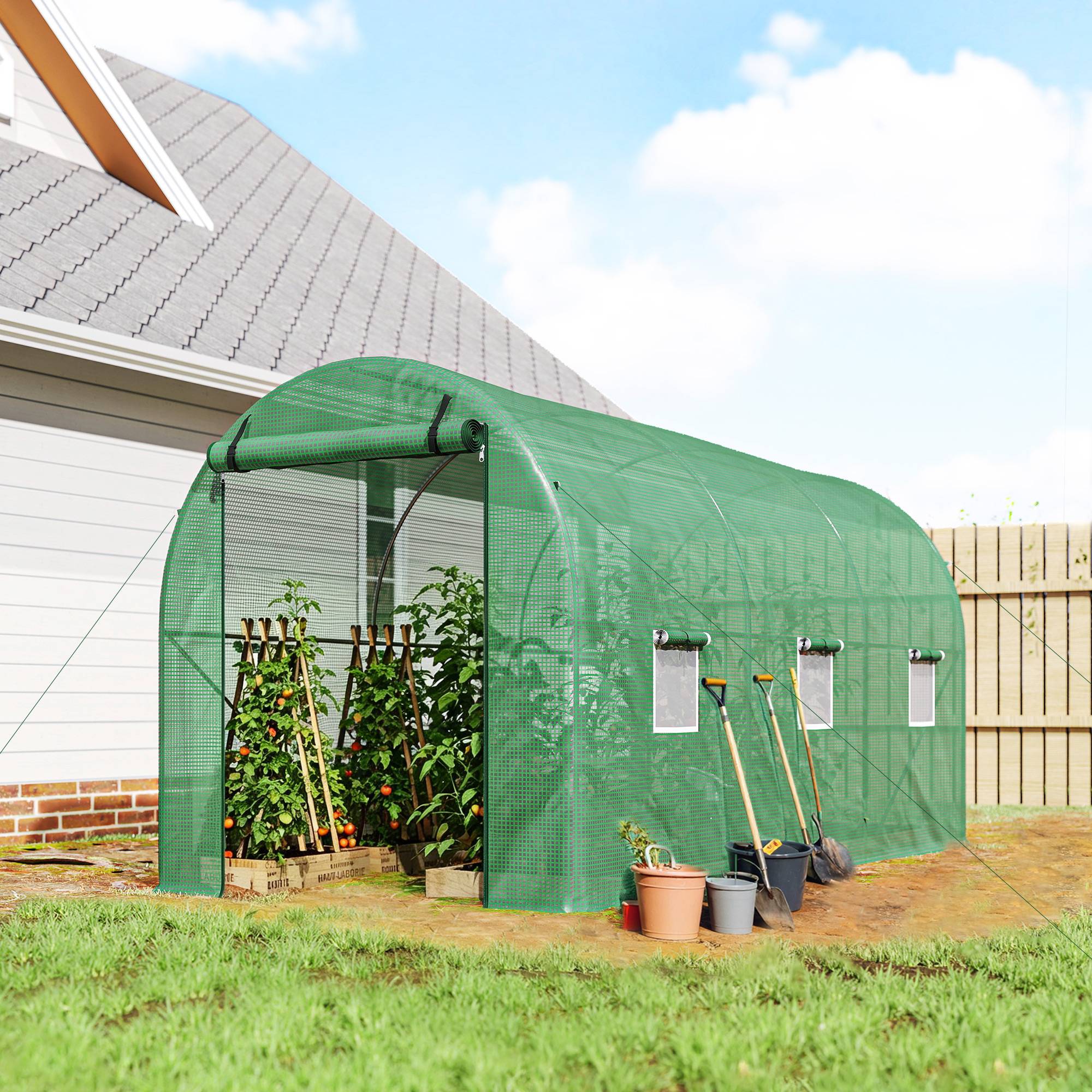 Polytunnel Tomatdrivhus 395x195x190cm med 6 masker, rundbuet drivhus til plantedyrkning og kold ramme.