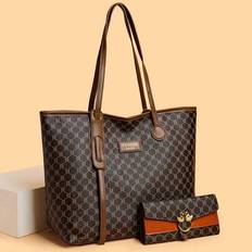 2 Pieces Set: Large Capacity Tote Bag And Wallet Shoulder Bag, Stylish Handbags For Middle-Aged Women - Brown