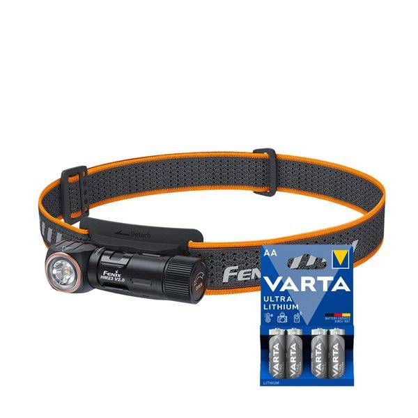 Pannlampa FENIX HM23 v2.0 - 300 lm / 1 x AA, Fenix HM23 v2.0 + 4 st Varta Ultra Lithium AA-batterier