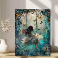 TEMU Butterfly Swing Fantasy Canvas Print, Ethereal Woman On Swing Surrounded By Butterflies Wall Art, Dreamy Decorative Unframed Painting For Home And Studio, 12x16 Inch