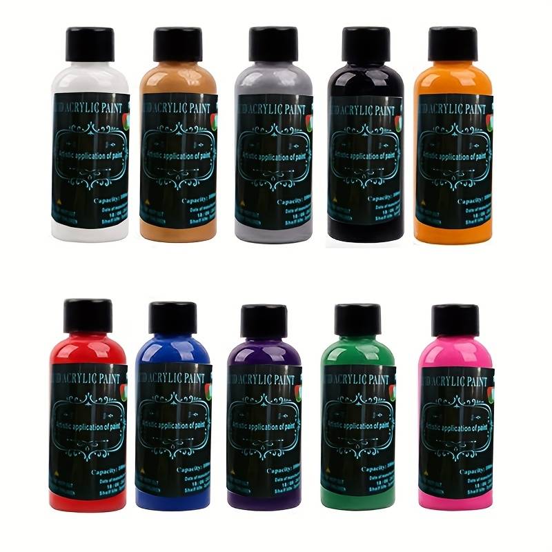 TEMU Set Of 10 Acrylic Casting Paints In 100ml Bottles, Featuring Fluid Pigments In Colors, Ideal For Art Projects. Suitable For Use On Canvas, Glass, And Paper With A Coating