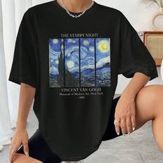 Van Gogh Starry Night Tryckt Casual T-shirt med rund hals STARRY NIGHT VINCENT VAN GOGH Museum of Modern Art, New York 1889 Grafiska T-shirts Dam Topp - Svart - L,M,S,XL,XS