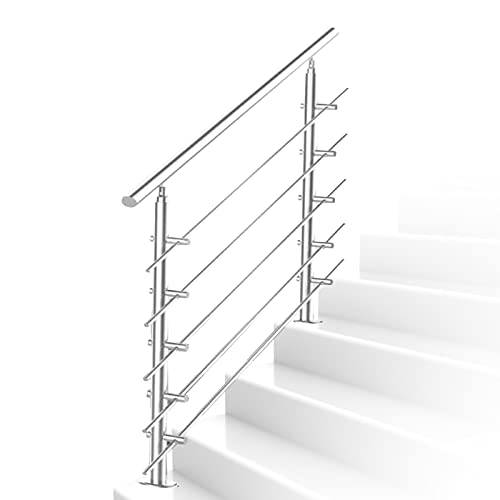 Ikodm Ledstång i rostfritt stål, trappräcke utomhus och inomhus, 180 cm Ø 42 mm med 5 tvärstag och tillbehör, justerbar för trappor, trädgård, husentré, räcke, balkong, (GOL-8593-M1)