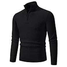 VaiKanhai Halfzip tröja herr vinter stickad tröja polotröja pullover varm jumper herr flätmönster polotröja andningsaktiv tröja herr tröjor för sport fritid, svart, XXL