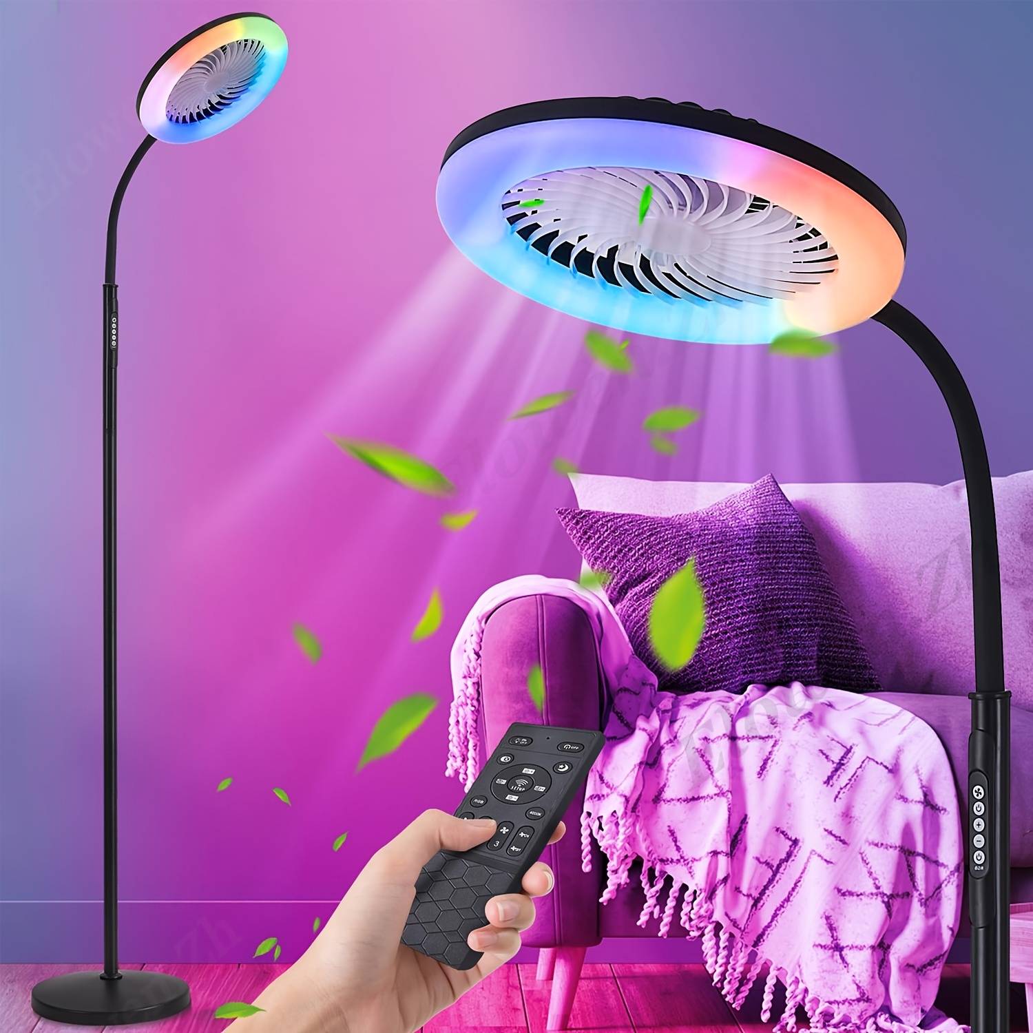 Led Floor Lamp With Fan 185cm, Flexible Gooseneck Rgb Standing Fan, Dimmable With Remote Control, Height Adjustable Floor Lamp, , For Living Room, Bedroom, Reading Room
