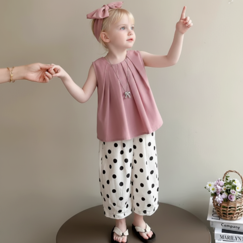 Sleeveless Tops & Pants – Mjuk & elegant – Sommarset för barn Rosa prickar / 140 (7–8 år) | Pedagogiska Träleksaker