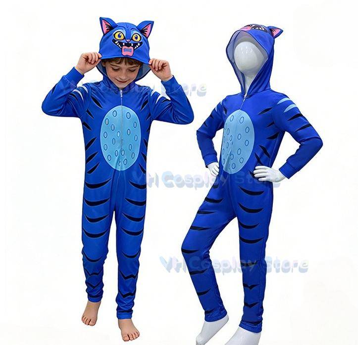 Höstens Nya Barnkläder Tigermönster Cosplay-dräkt Rolig Huvförsedd Helkroppsdräkt Pojkar Flickor Tecknade Kläder Gåvor Barn Vuxna cm blue