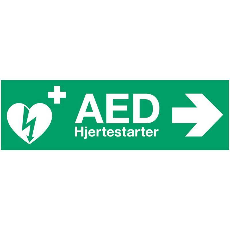 Grønt skilt i plast med tekst: AED hjertestarter