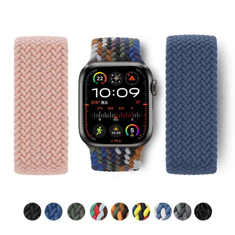 Flätat Solo Loop-armband för Apple Watch-remmar 45 mm 44 mm 42 mm 46 mm 41 mm 49 mm Nylonarmband correa Serie 10 9 7 8 5 SE 6 Ultra2 black