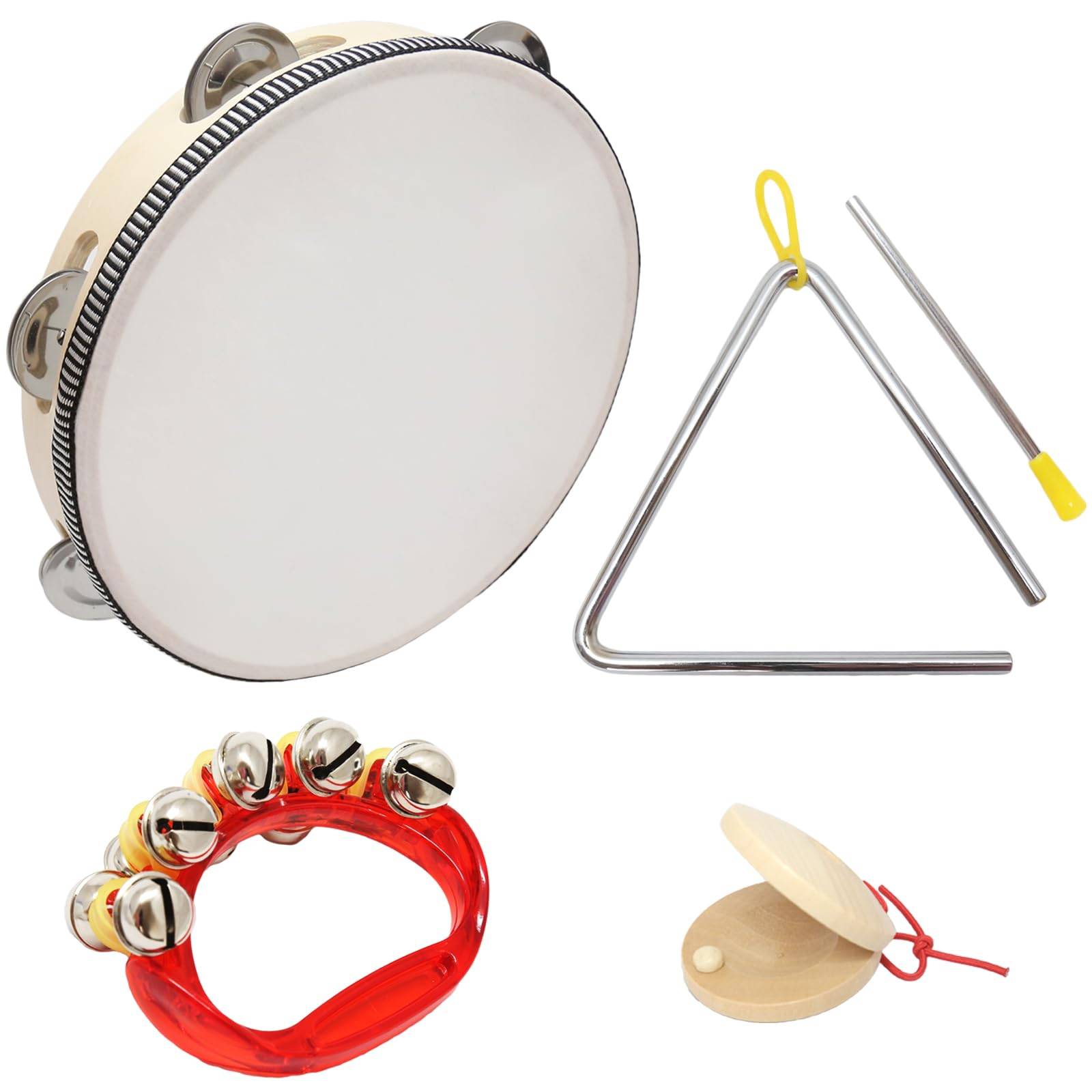 Silver Style Percussion Set for Triangle and More Set for Elementary School & Kids, Castanets, Tambourine, Handbells, Bells, (4-Piece Students)