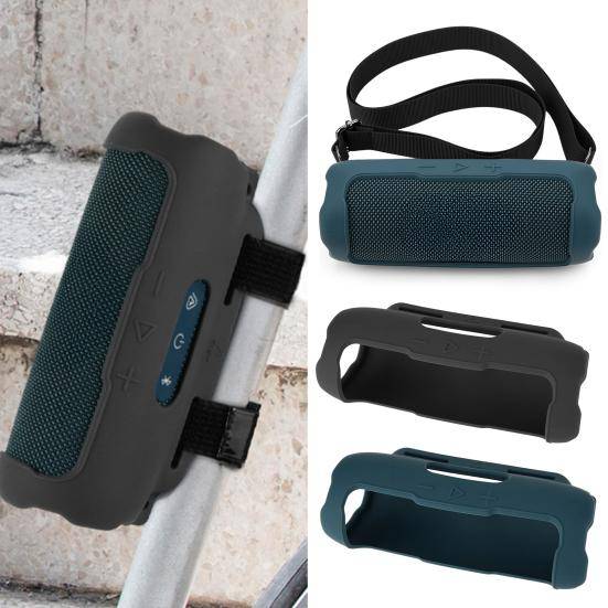 Silikonhögtalarskydd för JBL Flip 7 Vattentåligt Bluetooth-kompatibelt Högtalarskydd med Fästrem för Golfbilspole Skyddande Hud Bärväska svart