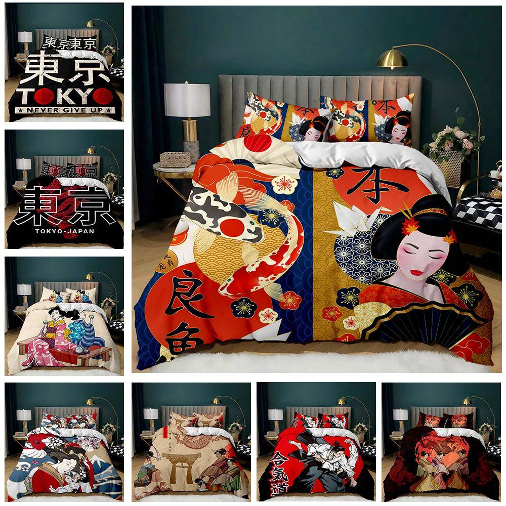 Japanskt Sängkläder Set Queen Size Traditionella Kimonomönster Påslakan Tokyo Geisha Japan Asiatiskt Täcke