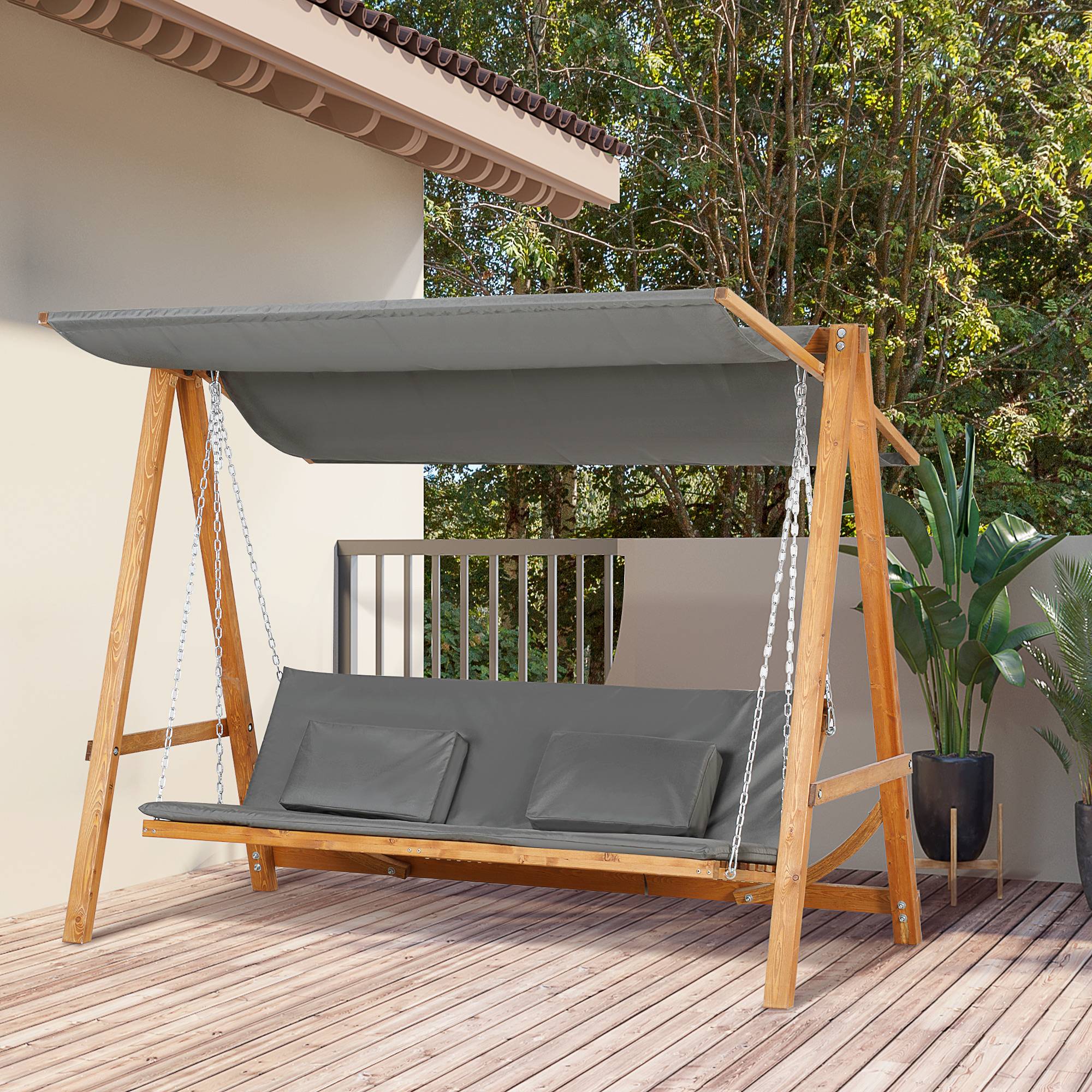 2-personers verandagynge med sengefunktion, havegynge med tag, træhavegynge, 225,5 x 113 x 180 cm, grå, teak.