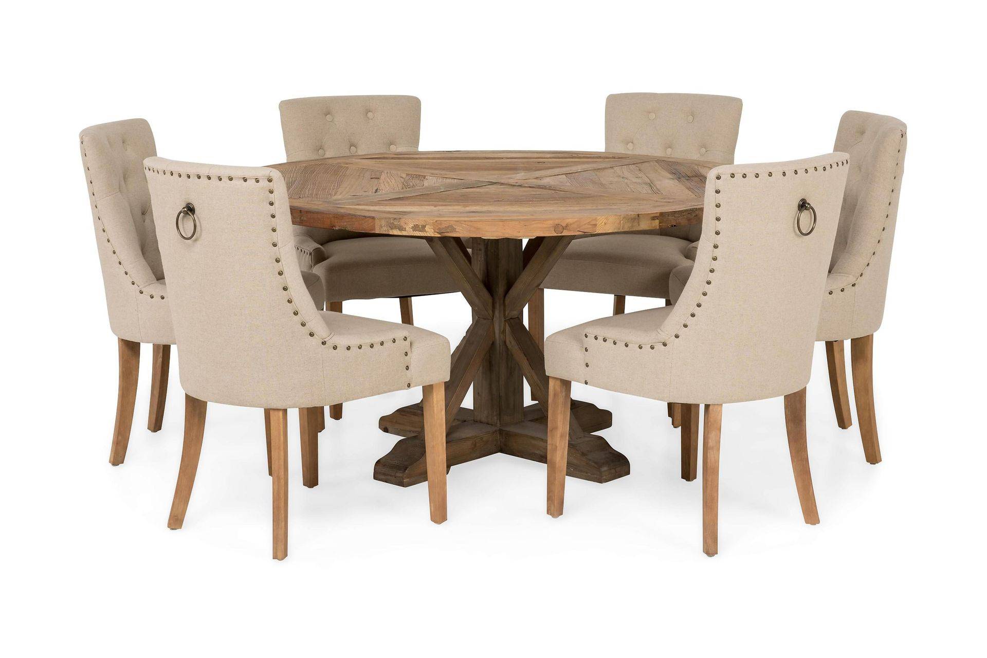 Lyon Matgrupp Ø150 cm Rund med 6 st Viktoria Stolar - Vintage Alm/Beige Brun Bloomington