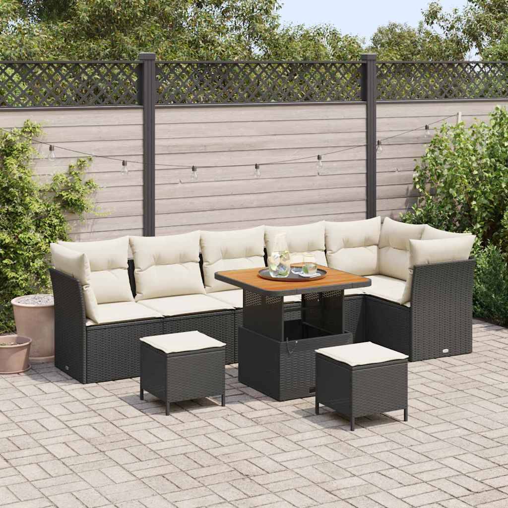 Havesofa Sæt 9 Dele Polyrattan - Sort / Cremehvid / 80 cm bordlængde