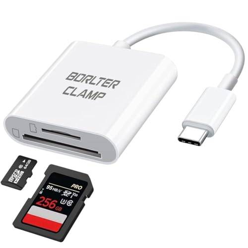 BORLTER CLAMP USB C till SD-kortläsare, typ C till SD/Micro SD minneskortläsaradapter kompatibel med MacBook, bärbara datorer, surfplattor, smartphones (vit)