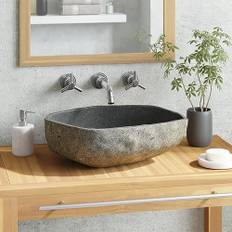 Homgoday Toppmonterat handfat, tvättställ sten hängande handfat med öppning för avlopp antracit handfat badrum oval bänkskiva inre yta välpolerad badrum flodsten 45–53 cm