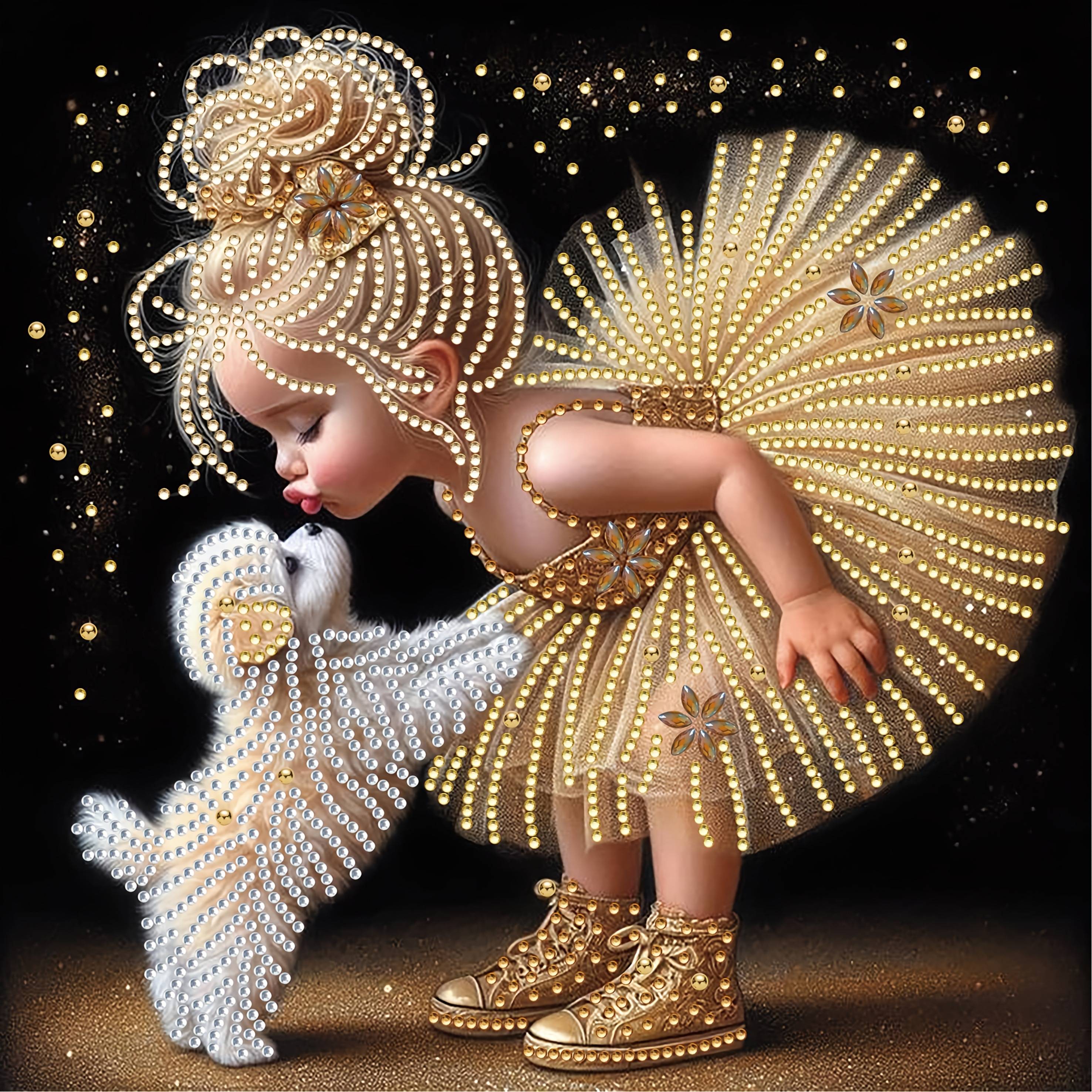 TEMU Diy Diamond Painting Kit - Cartoon Girl & Cute Dog | Partial Drill With Unique Shaped Diamonds | Home Decor, Living Room, Bedroom | Crafty Gift Idea (11.8" X 11.8")