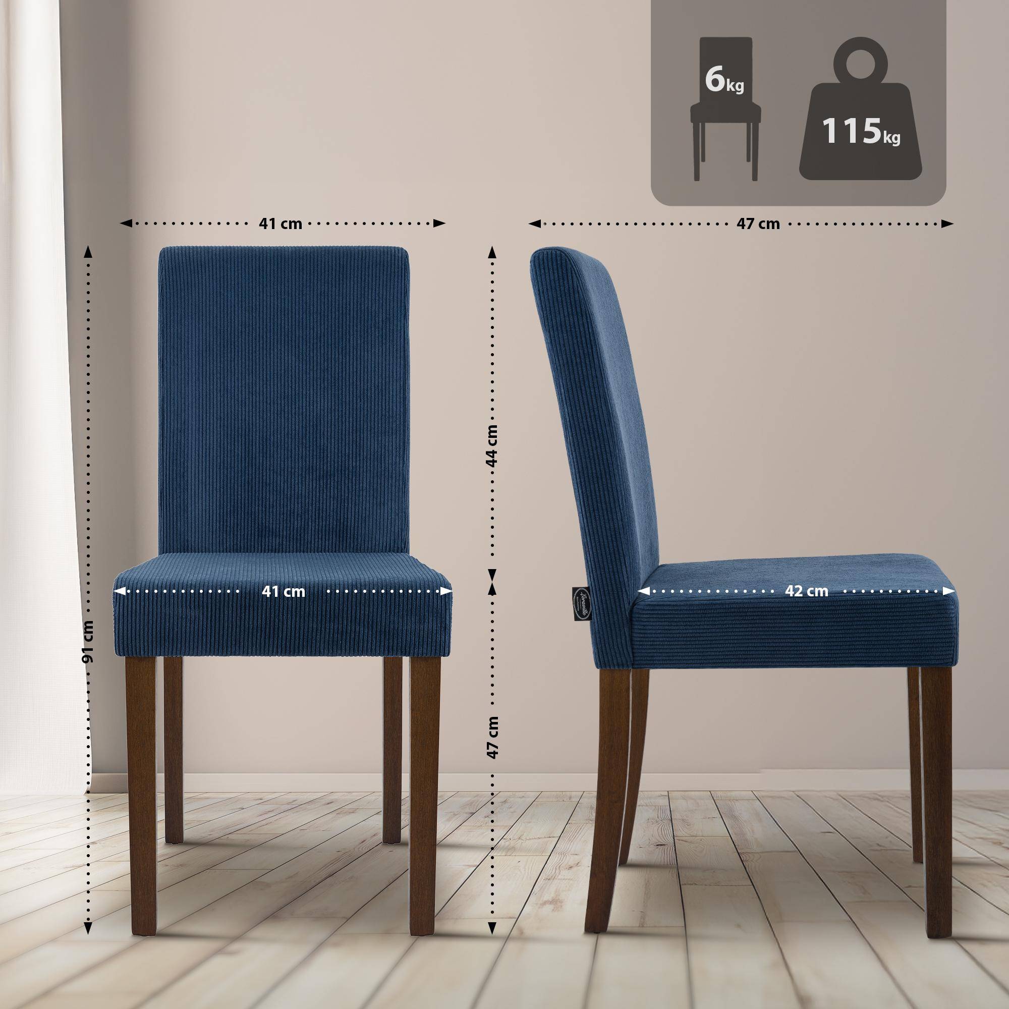 Sæt med 2 spisestuestole Ina Cord antik mørk, blå