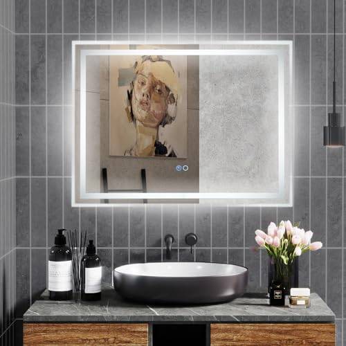 COSTWAY LED-badrumsspegel med belysning, 80 x 60 cm, badrumsspegel, anti-dimma, väggspegel, dimbar med touch-strömbrytare och minnesfunktion, LED-spegel, hängande spegel för badrum (rektangulär)