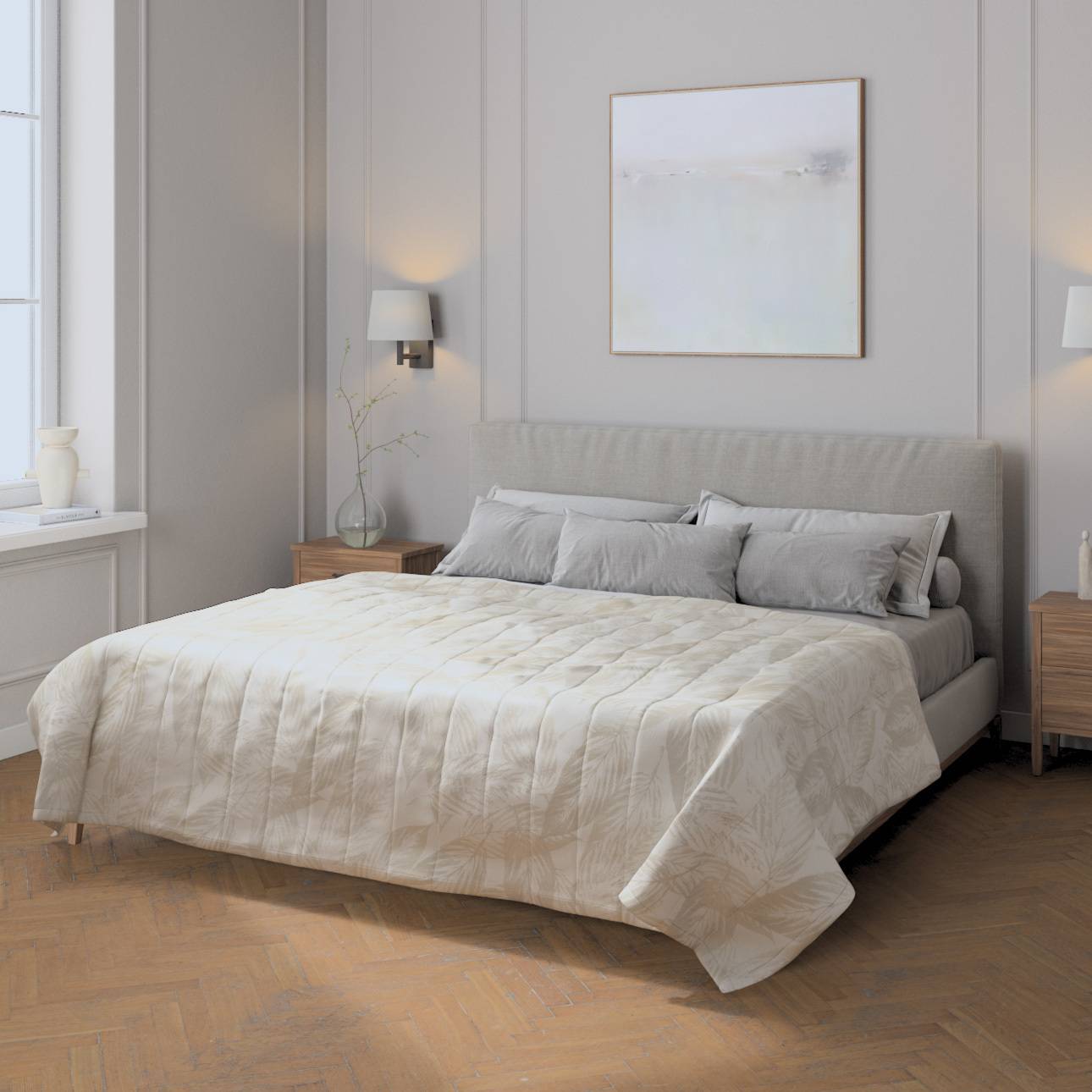 Sengetæppe quiltet<br/>10cm striber, Grå og beige, Secret Garden