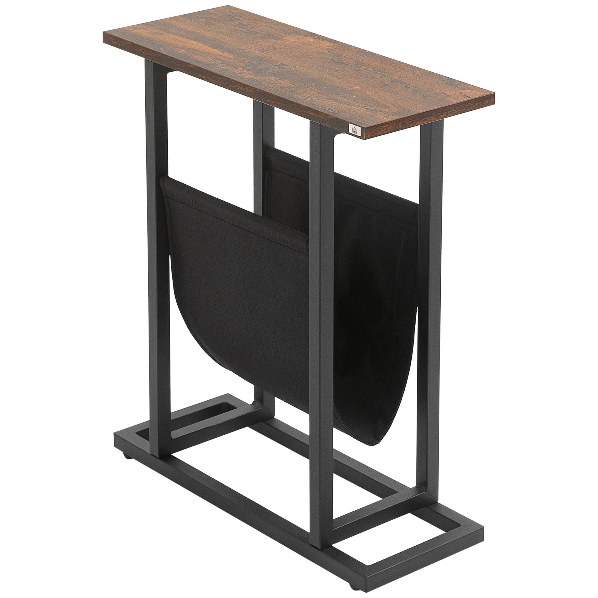 Sidebord, natbord, slankt design, med stoflomme, stål, mørkebrun og sort, 49 x 19 x 55 cm