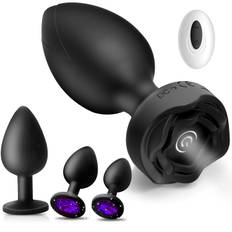 SuperLove Vibrating Rose & Jewels Anal Plug Set Black 4 pack