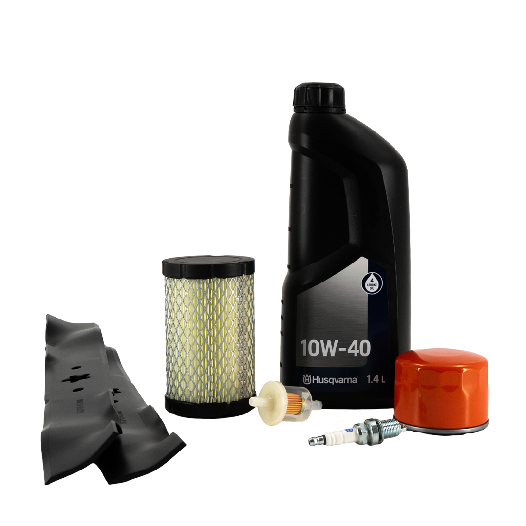 Servicekit inkl. 2 Bioknive (38"/96cm) til Husqvarna traktorer b.la. TC 138 & TS 142 (motor Briggs & Stratton 4155, 4175)