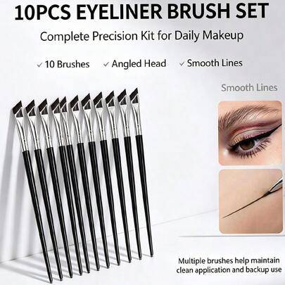 10 st vinklade fina eyelinerborstar, ultratunna precisionsliner-sminkborstar för skarpa och jämna ögonlinjer, långt svart handtag, professionella ögon