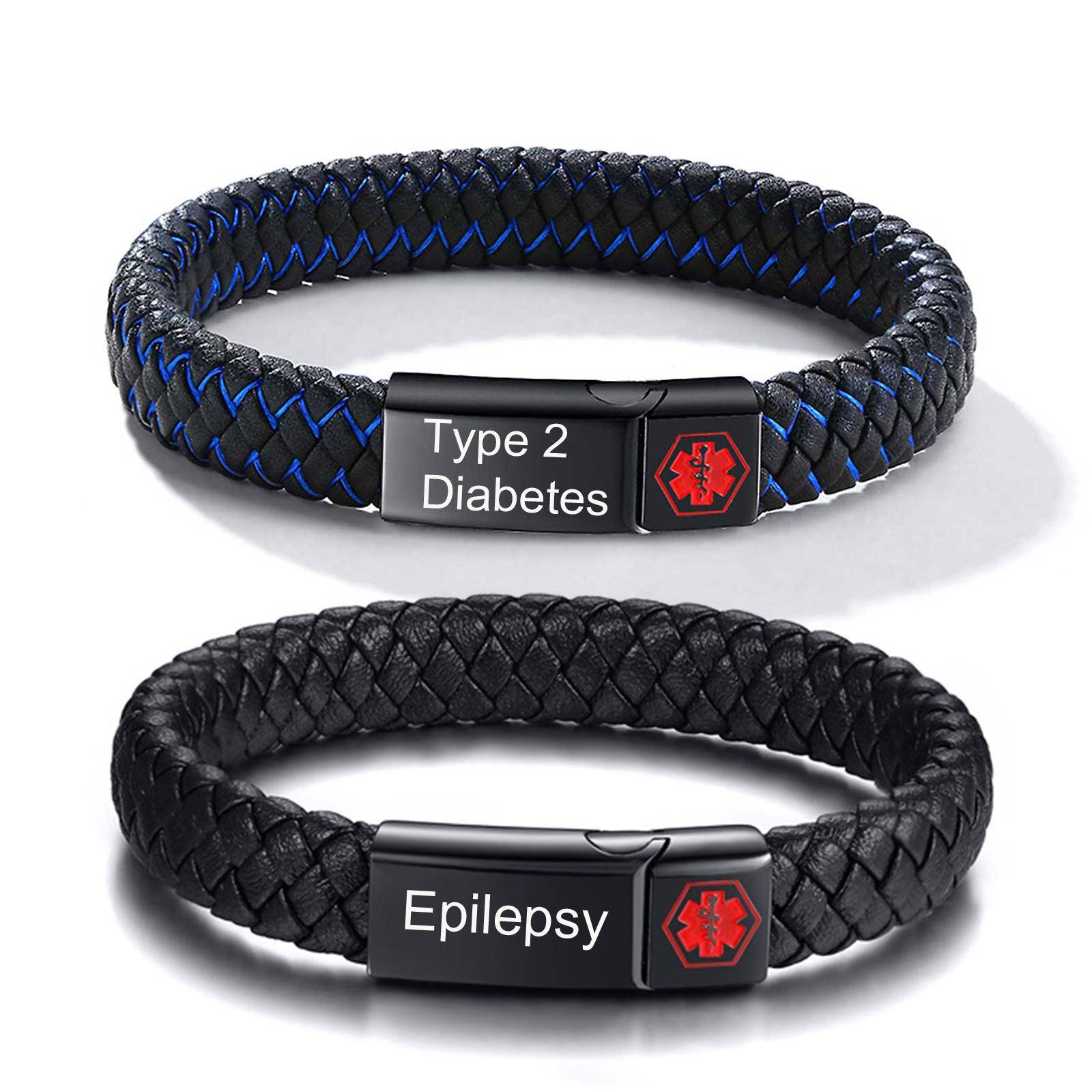 Rött Medicinskt Armband för Män, Svart Äkta Läder ID-armband, Typ 1/2 Diabetes Alzheimers Epilepsi Anpassningsbart Armband för Pappa