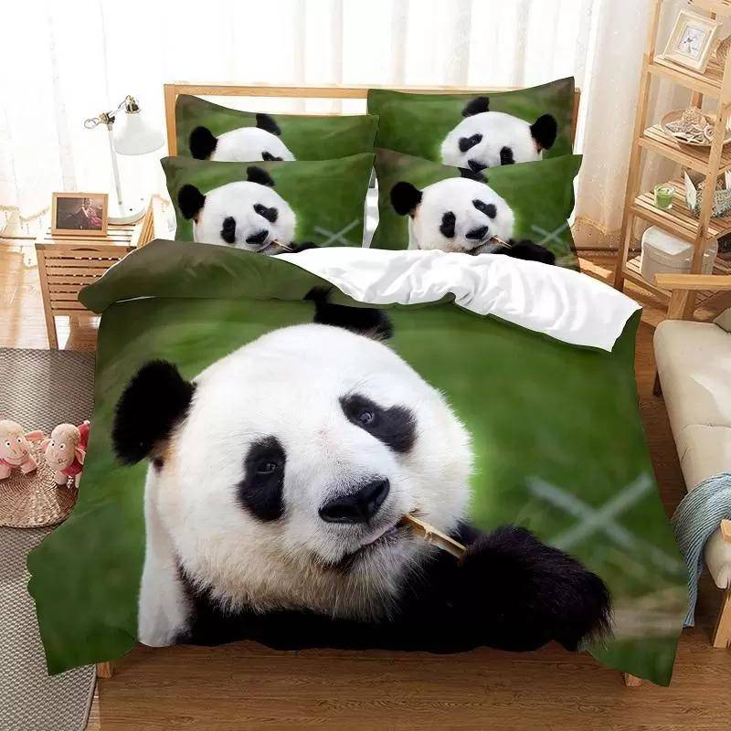 Panda påslakanset Söt djurmönster med två sängar för pojkar, flickor, mikrofiber, vild jätte panda i king size täcke 150x200cm 3pcs