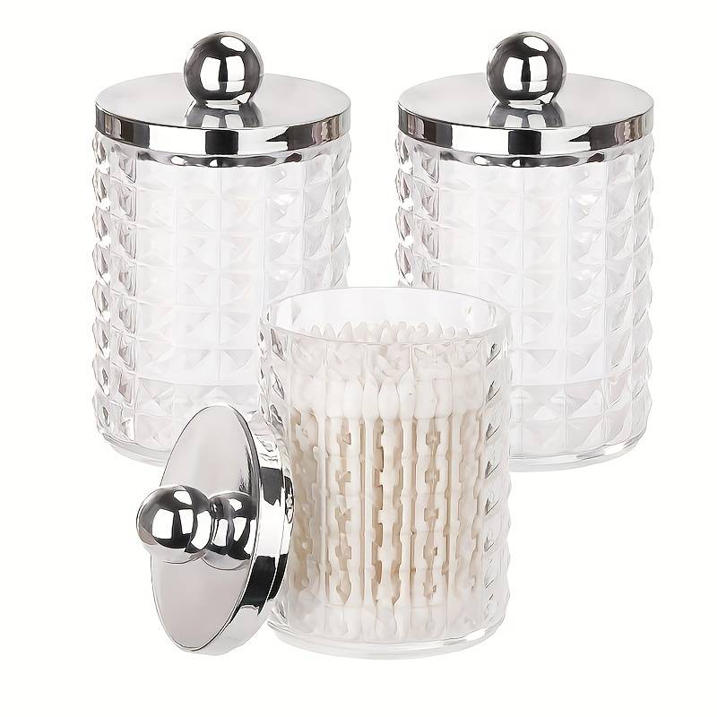 TEMU Diamond Pattern Qtip Holder Dispenser With Lids 10oz Acrylic Apothecary Jars Storage Box Plastic Bathroom Vanity Canister Organizer For Balls, Pads, Swabs, Floss