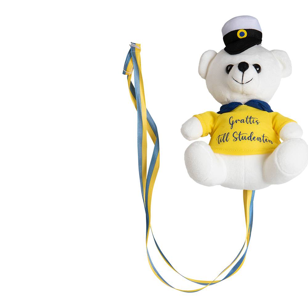 Student-halsband - Nallebjörn med gul t-shirt "Grattis till studenten"