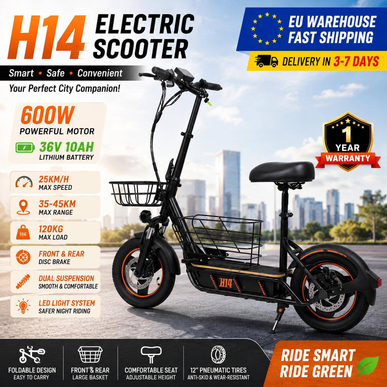 FREEBOY NEW H14 Adult Electric Scooter 600W Motor E-Scooter 36V 10AH Folding E-Scooter 14 Tire city eScooter