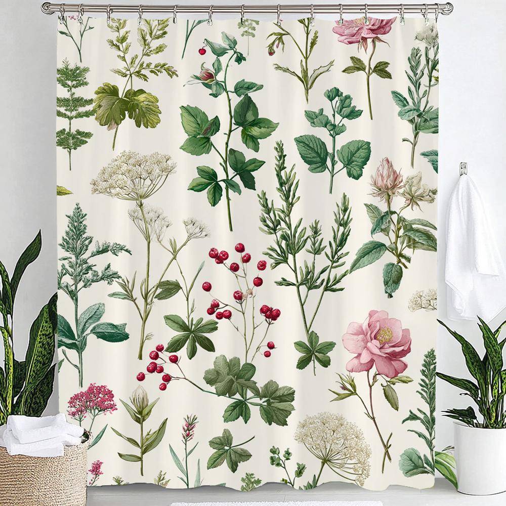 Vintage Botaniskt Tryck Floral Duschdraperi, Dekorativt Duschdraperi för Badrum, Vattentätt Duschdraperi med Krokar