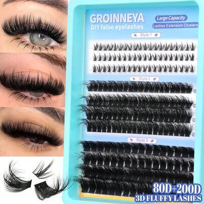 GROINNEYA 11 rader 3 stilar övre & nedre DIY-fransar 3D fluffiga fransar D-curl voluminösa individuella falska fransar kattögonfransar wispy klusterfr