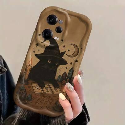 1 st vågig stöttålig och droppsäker skyddande mobilskal i mjuk TPU, krämvit, höst- och Halloween-mobilskal med vintage häxa, svart katt, tarotkort, ha - Vitt (Multi-size)