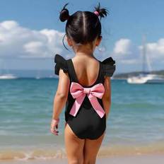 Babyflicka Rygglös Rosettdekoration Kortärmad Sparkdräkt Strandbadkläder - Svart (6-9M,9-12M,12-18M,18-24M,2-3Y)