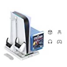 Aokicase PS5 Multifunctional Controller Charging Station with LED, Multifunctional Cooling Base, Dual Charger Docking Station for PS5 with Headset Holder (White, PS5) IV-P5246