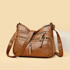 Red Buckle Decorated Casual Large Capacity Women's Shoulder Bag, Suitable For Daily Life - Brown - one-size