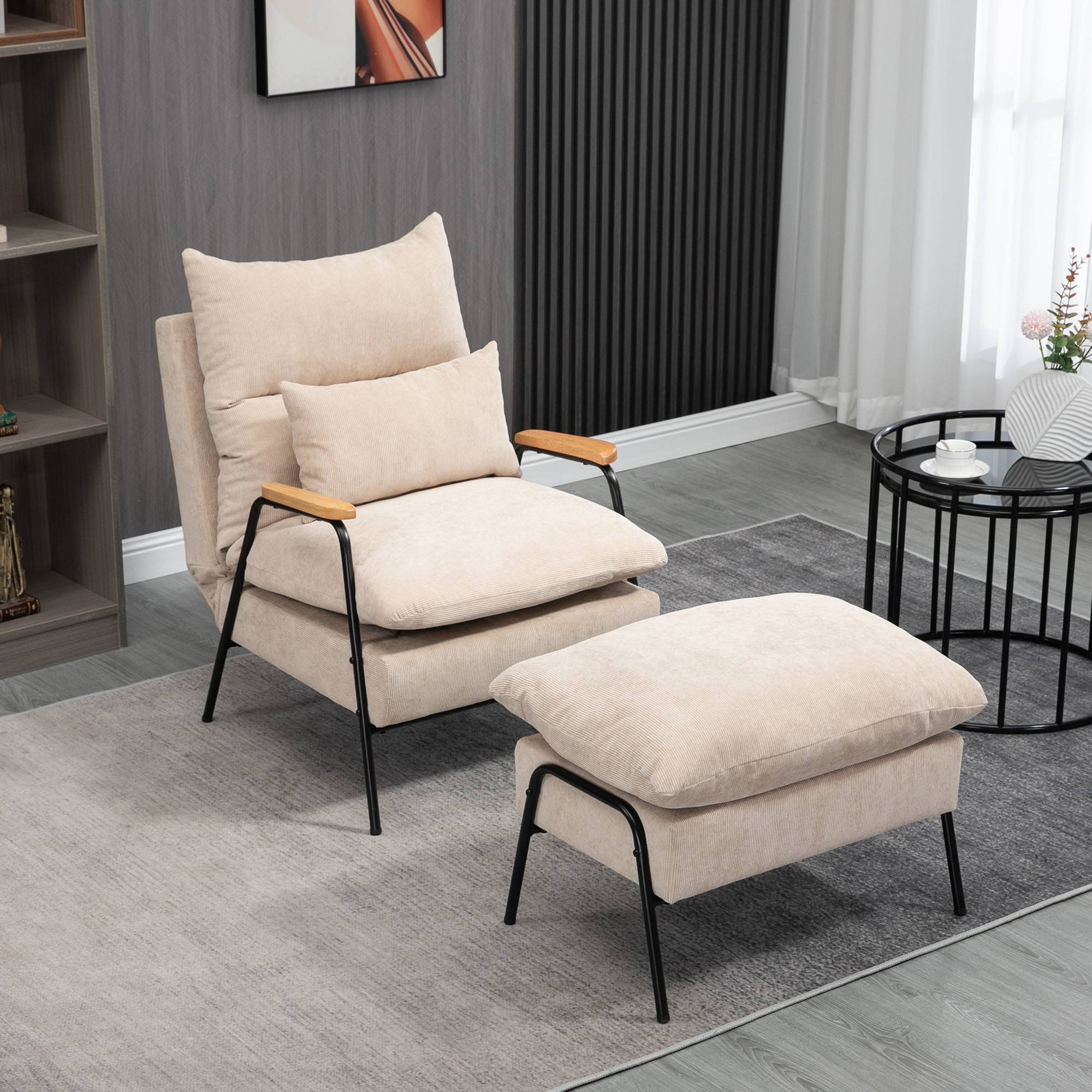 Lænestol med skammel, justerbar ryglæn, lænefunktion, hynde, lænestol, moderne polstret stol med fløjlslook til stue, lasteevne op til 180 kg, beige.