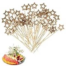 TIESOME 50 stycken cocktailspett, stjärncocktailspett, 14 cm tandpetare trä, fingermatspett, cocktaildekoration, fruktspett för fest, snacks, fingermat (guld)